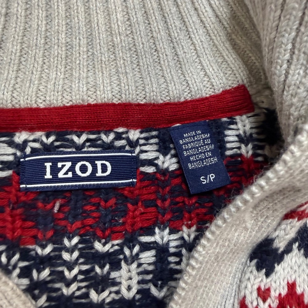 IZOD Mens Fair Isle Mock Neck Quarter Button Sweater Grey Navy Red Small - Picture 4 of 7